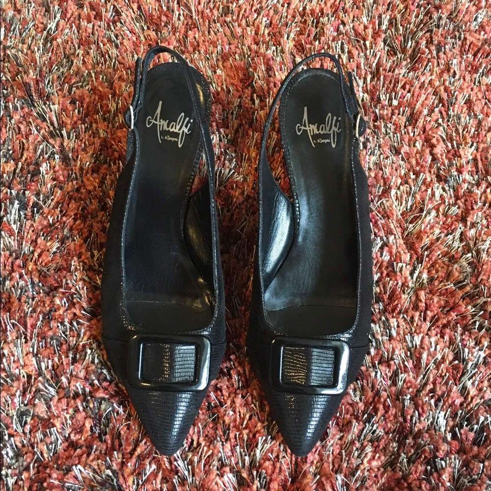 Black leather sling back heels